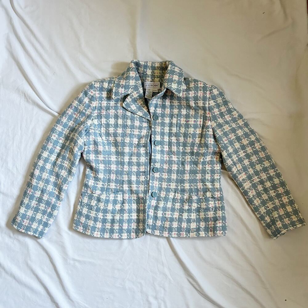 90s blue and white tweed checkered jacket